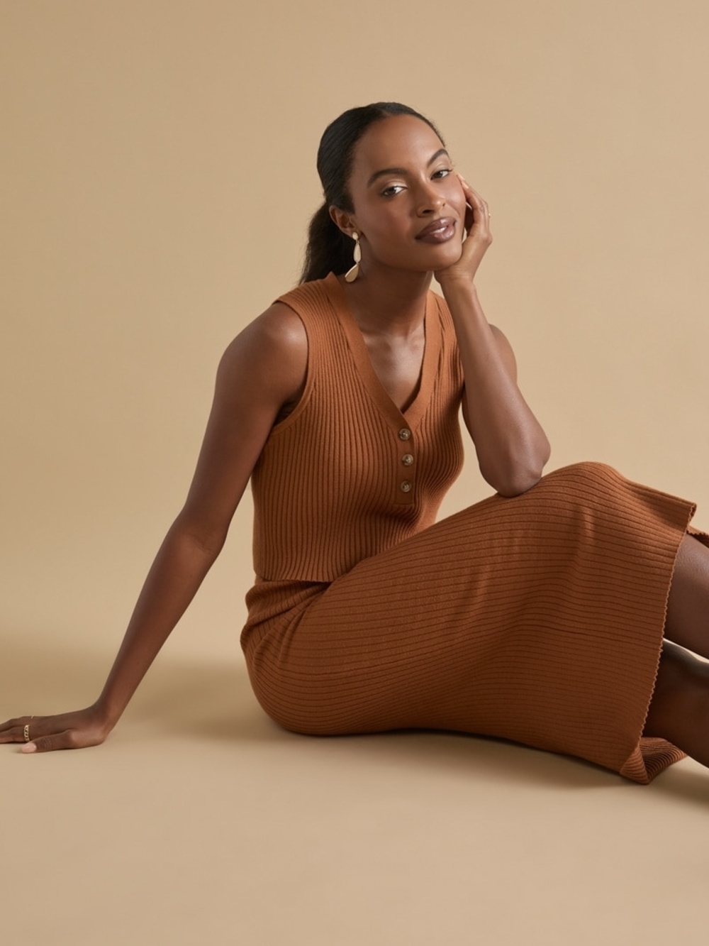 Francesca's Collections Ribbed Knit Tank And Skirt Set in Brown
